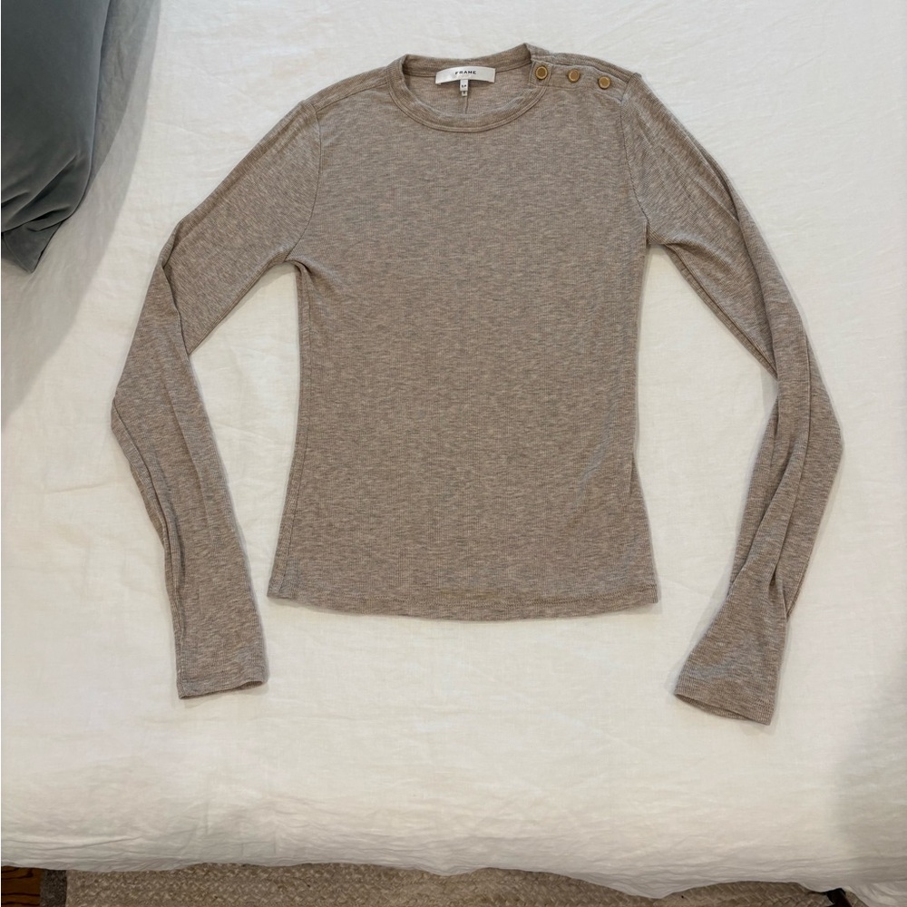 Frame Denim Taupe Button-Shoulder Long Sleeve Top